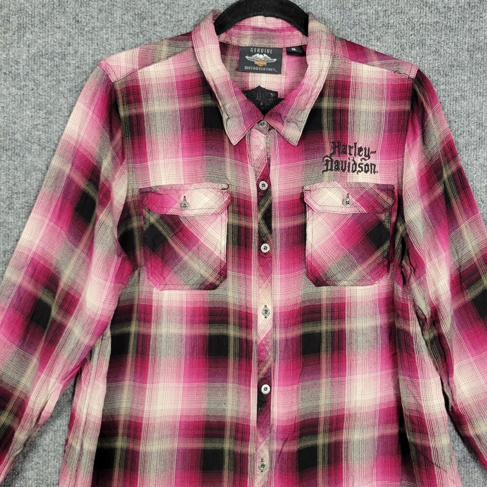 HARLEY DAVIDSON Pink Plaid Floral Embroidered Western Button Up Shirt SIZE XL - Picture 4 of 16